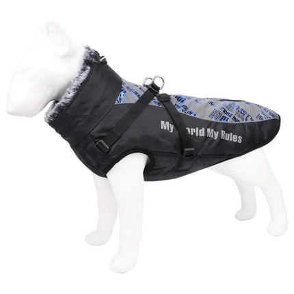 Comfortable Dog Coat for Large Breeds' Winter Walks - black insulated large-breed dog coat with leash attachment and faux-fur collar