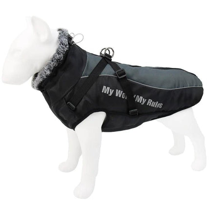 Comfortable Dog Coat for Large Breeds' Winter Walks - dark waterproof large-breed coat with faux-fur collar and leash attachment