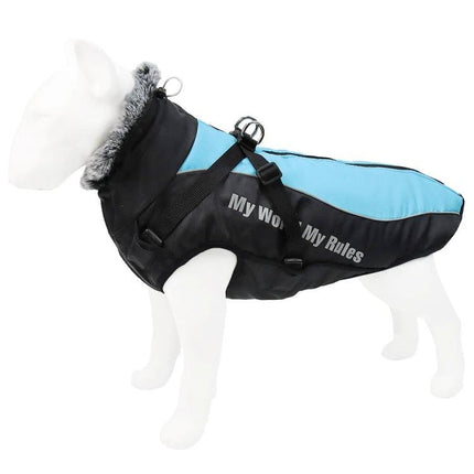 Comfortable Dog Coat for Large Breeds' Winter Walks - light blue and black insulated dog coat with harness loop and faux fur collar for easy leash attachment