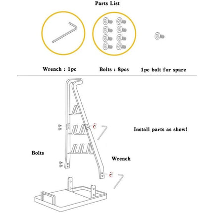 No-Drill Wall-Mounted Storage Bracket for Dyson Vacuums parts list and assembly diagram showing bolts and wrench