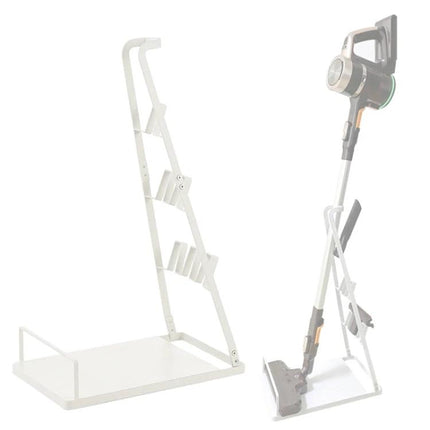 No-Drill Wall-Mounted Storage Bracket for Dyson Vacuums shown holding V7 V8 V10 cordless stick vacuum on floor stand