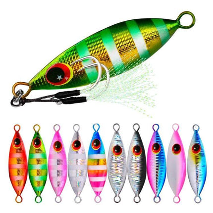 Proberos Sea Fishing Metal Bait 60g With Conical Reflective Profile - green striped reflective saltwater jig, single treble hook and tassel, multiple color options