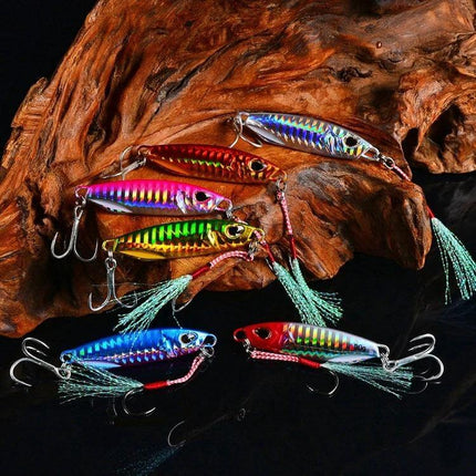 Proberos Iron Plate Lead Lure For Night Fishing 10g showing reflective multi-color 10g iron plate lures with treble hooks for low-light fishing