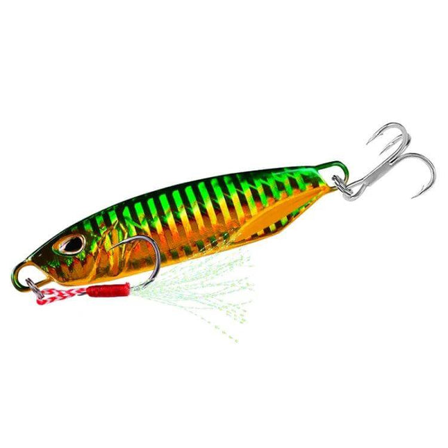 Lead Fishing Lure 40g Reflective Iron Plate For Night Fishing - green gold high-reflective metal jig with treble hooks for night shore or boat fishing