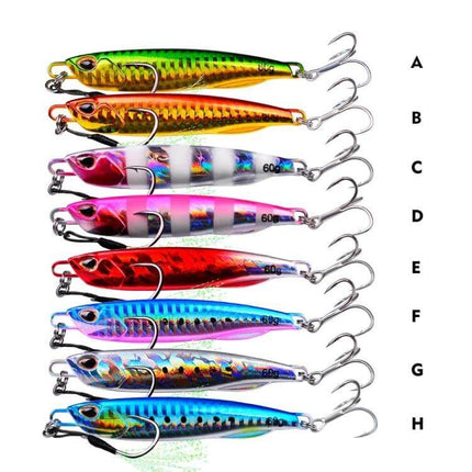 Simulation Metal Sea Fishing Bait 10g For Saltwater Anglers - eight colorful reflective metal lures with treble hooks for night trolling and deepwater reef fishing