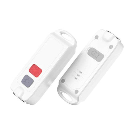 Portable Rechargeable Alarm for Personal Safety Emergencies - compact white rechargeable alarm with loud siren and flashing light, easy-press red emergency button