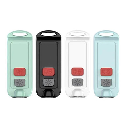 Portable Rechargeable Alarm for Personal Safety Emergencies showing four color variants with red audible alert button and flashing light icon