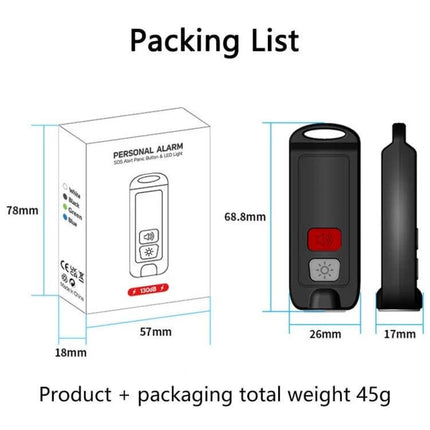 Portable Rechargeable Alarm for Personal Safety Emergencies compact device with loud alarm and flashing LED shown with packaging and dimensions