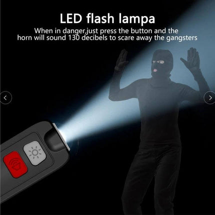 Portable Rechargeable Alarm for Personal Safety Emergencies showing LED flashlight beam and loud alarm deterring a masked attacker