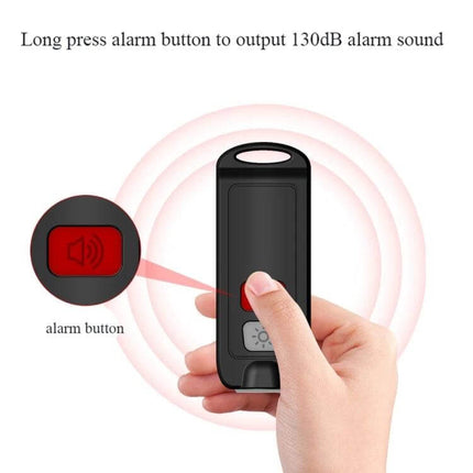 Portable Rechargeable Alarm for Personal Safety Emergencies handheld device showing long-press red alarm button and flashing light, emitting 130dB alert