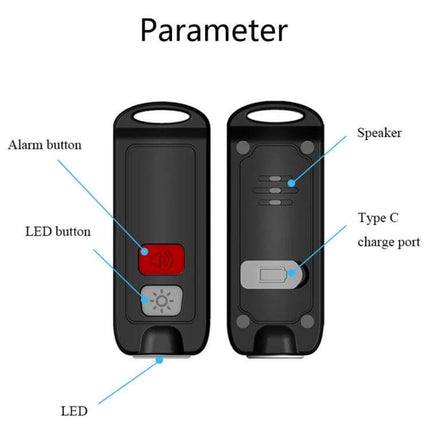 Portable Rechargeable Alarm for Personal Safety Emergencies showing front and back with alarm button, LED button, Type C charge port and speaker