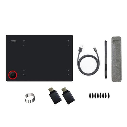 VINSA Drawing Tablet for Digital Art on Mobile Devices showing tablet, stylus, USB cable, adapters, nibs and case