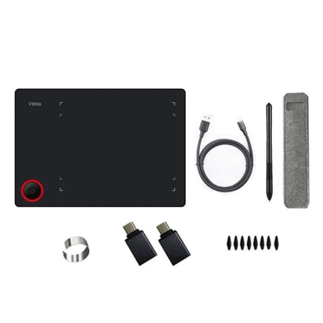 VINSA Drawing Tablet for Digital Art on Mobile Devices showing tablet, stylus, USB cable, adapters, nibs and case