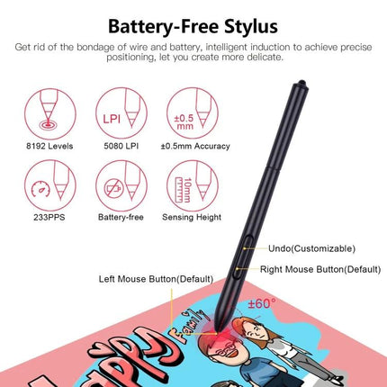 VINSA Drawing Tablet for Digital Art on Mobile Devices - battery-free stylus with 8192 pressure levels, ±0.5mm accuracy, tilt support