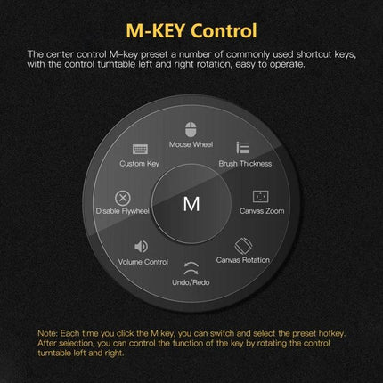 VINSA Drawing Tablet for Digital Art on Mobile Devices - circular M-Key control dial showing customizable shortcuts for brush, zoom, rotation, undo/redo