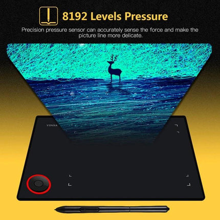 VINSA Drawing Tablet for Digital Art on Mobile Devices showing pen, responsive surface and 8192 levels pressure sensing