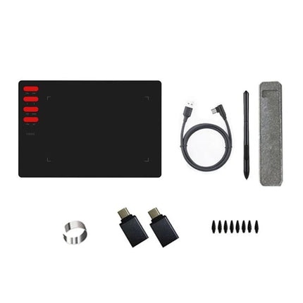 VINSA T505 Drawing Tablet for Artists and Designers showing tablet, stylus, pen tips, USB cable, adapters and case