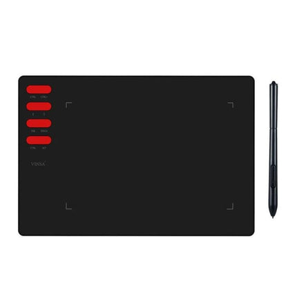VINSA T505 Drawing Tablet for Artists and Designers - slim black tablet with red shortcut buttons and pen