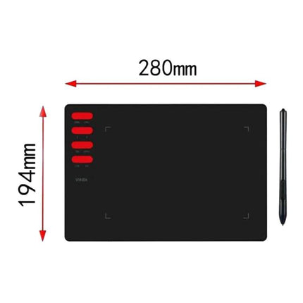 VINSA T505 Drawing Tablet for Artists and Designers showing 280mm x 194mm active area, black pad with red shortcut keys and stylus