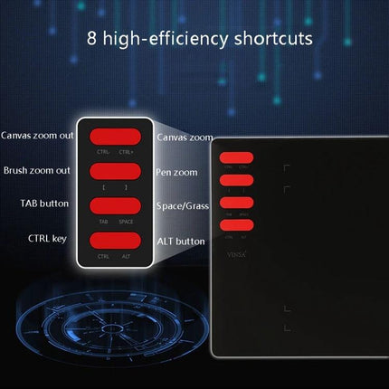 VINSA T505 Drawing Tablet for Artists and Designers showing 8 customizable shortcut buttons and labeled zoom, pen, tab, space, ctrl and alt functions