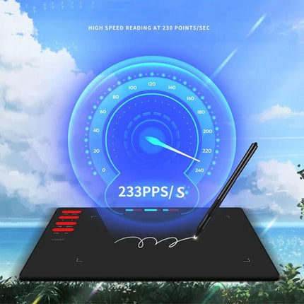 VINSA T505 Drawing Tablet for Artists and Designers showing pen drawing and high-speed 233PPS/S input performance graphic