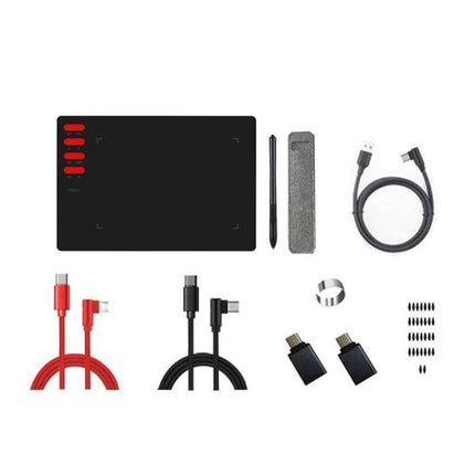 VINSA T505 Drawing Tablet for Artists and Designers showing tablet, stylus, cables, pen holder and adapters