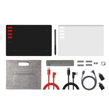 VINSA T505 Drawing Tablet for Artists and Designers with pen, two color tablet surfaces, cables, nibs, and carrying sleeve