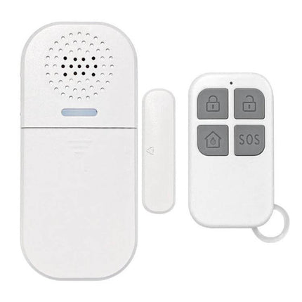 Remote Magnetic Door Alarm with Light and Sound Alert white magnetic sensor and remote control showing speaker, sensor and 4-button fob