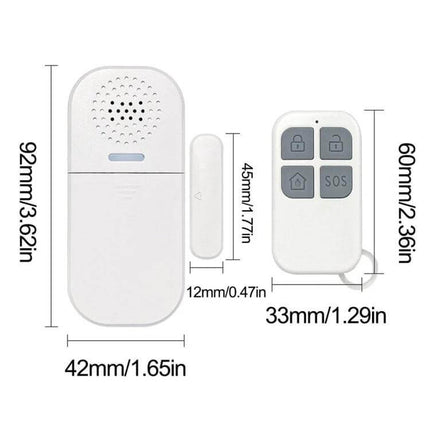 Remote Magnetic Door Alarm with Light and Sound Alert white sensor and remote showing dimensions for door and window monitoring