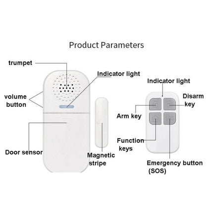 Remote Magnetic Door Alarm with Light and Sound Alert - white door sensor, magnetic stripe, remote with arm/disarm and SOS buttons, indicator lights