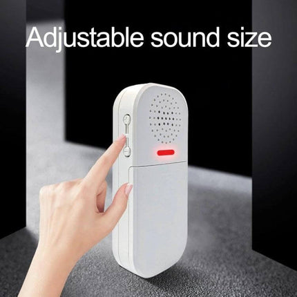 Remote Magnetic Door Alarm with Light and Sound Alert showing white sensor unit with adjustable volume button and red indicator light