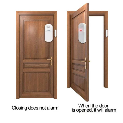 Remote Magnetic Door Alarm with Light and Sound Alert mounted on wooden door showing closed and open states with light and sound notification