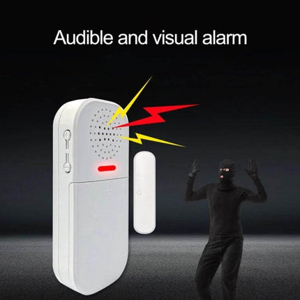 Remote Magnetic Door Alarm with Light and Sound Alert showing white magnetic sensor and alarm unit emitting audible and visual alerts to deter intruders