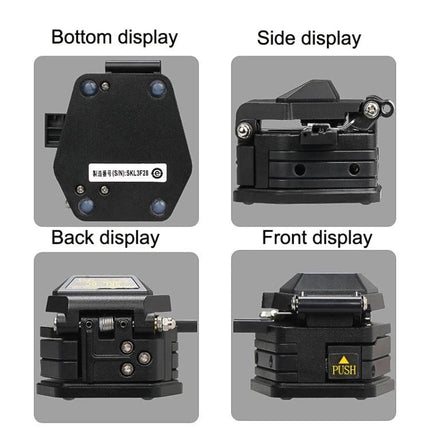 High Precision Fiber Cleaver for Optical Fiber Installation showing front, back, side and bottom displays with PUSH label and automatic knife mechanism