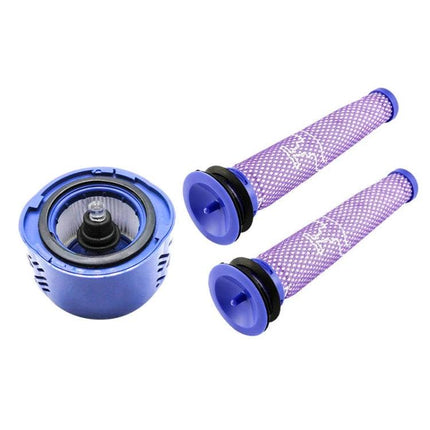 Dyson V6 Replacement Filter Accessories, 3-in-1 Set showing one rear filter and two purple pre-filters for V6 vacuum
