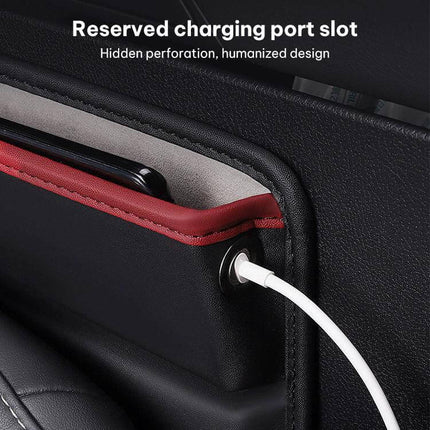 SUSISUN Car Seat Slit Storage Box Black For Organized Car Essentials showing reserved charging port slot with phone and cable in slit pocket