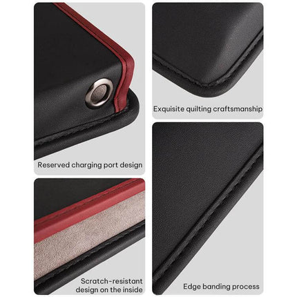 SUSISUN Car Seat Slit Storage Box Black For Organized Car Essentials - close-up of black artificial leather, reinforced stitching, edge banding and charging port