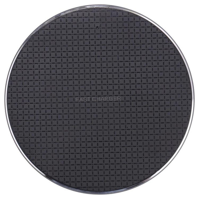 Q25 Plaid Pattern 15W Desktop Metal Round Qi Wireless Charger – compact metal 15W Qi pad with plaid non-slip surface, LED indicator and foreign body detection