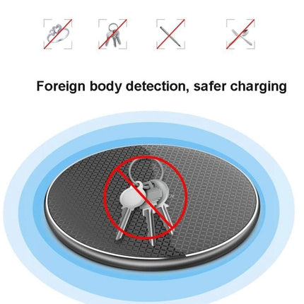 Q25 Plaid Pattern 15W Desktop Metal Round Qi Wireless Charger showing foreign body detection icon with keys crossed out and text safer charging