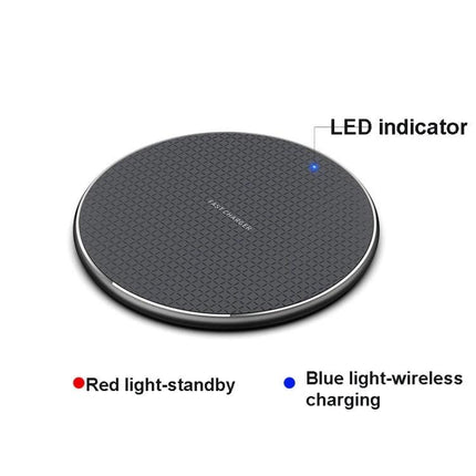 Q25 Plaid Pattern 15W Desktop Metal Round Qi Wireless Charger with LED indicator blue light on textured metal surface