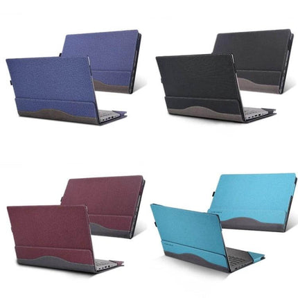 PU Leather Protective Case for HP Envy Series Laptops shown in multiple colors (blue, black, maroon, teal) protecting open laptop