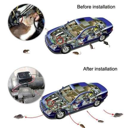 Vehicle Ultrasonic Mouse Repeller For Cars Everyday Use showing before and after installation in a car engine to deter rodents