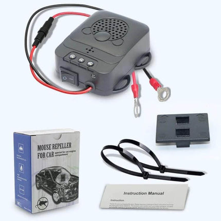 Vehicle Ultrasonic Mouse Repeller For Cars Everyday Use compact 12V car-mounted repeller with wiring rings, zip ties and manual