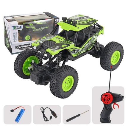 Remote Control Car for Kids' Indoor and Outdoor Fun — green off-road toy with handle remote, rechargeable battery and accessories