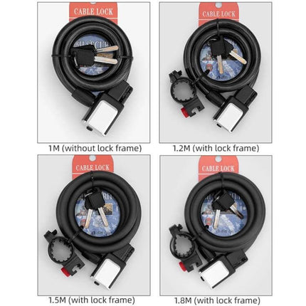 Mountain Bike Portable Anti-Theft Bold Cable Lock 1.5m With Lock Frame coiled black cable lock with keys and mount for bike