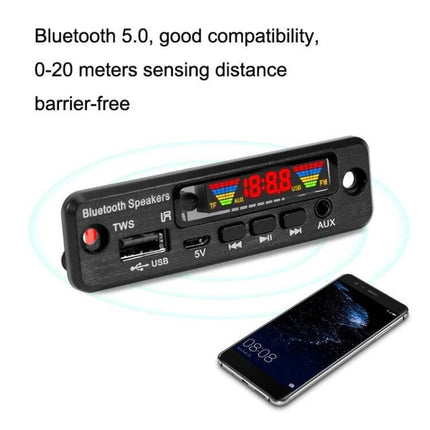 Wireless Bluetooth MP3 Decoder Board for TWS Audio Playback - front panel with LED display USB TF AUX controls and smartphone