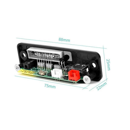 Wireless Bluetooth MP3 Decoder Board for TWS Audio Playback showing PCB, connectors and mounting plate with dimensions