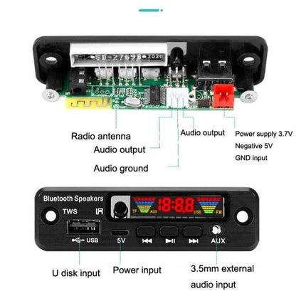 Wireless Bluetooth MP3 Decoder Board for TWS Audio Playback compact module with USB, AUX, 3.5mm input and labeled audio outputs
