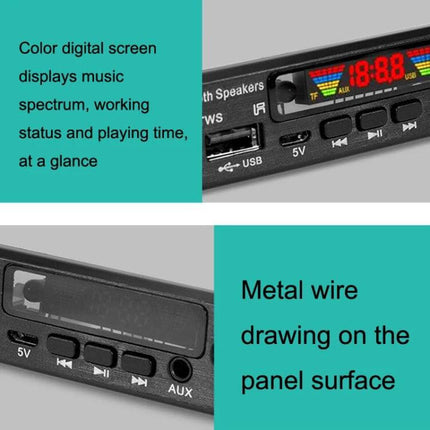 Wireless Bluetooth MP3 Decoder Board for TWS Audio Playback - front panel with color digital screen, USB, TF, AUX and control buttons