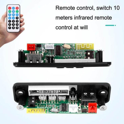 Wireless Bluetooth MP3 Decoder Board for TWS Audio Playback showing PCB, USB port, connectors and infrared remote.